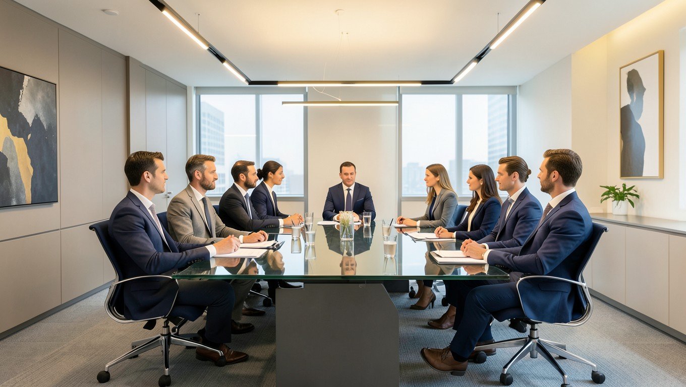 Oficina corporativa moderna con reunión ejecutiva — imagen representativa de Net Cash Organización