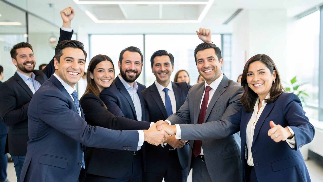 Equipo celebrando logro empresarial — símbolo de éxito